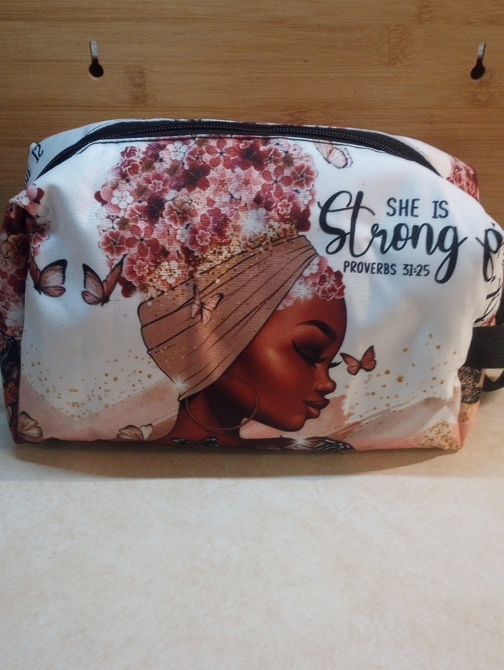 She Is Strong Floral Cosmetic Bag - Pink & Cream